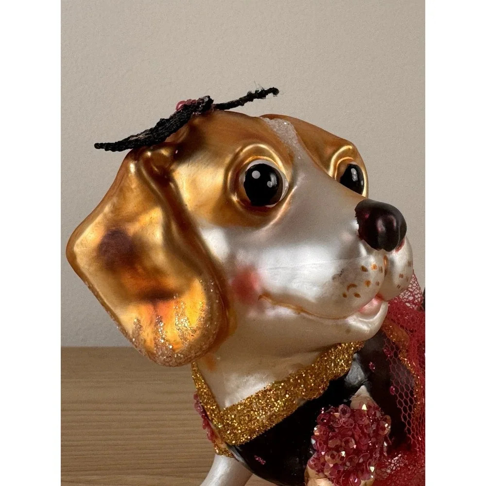 Hand Blown Glass Beagle Dog Christmas Ornament Pink Tutu Glitter Whimsical 4